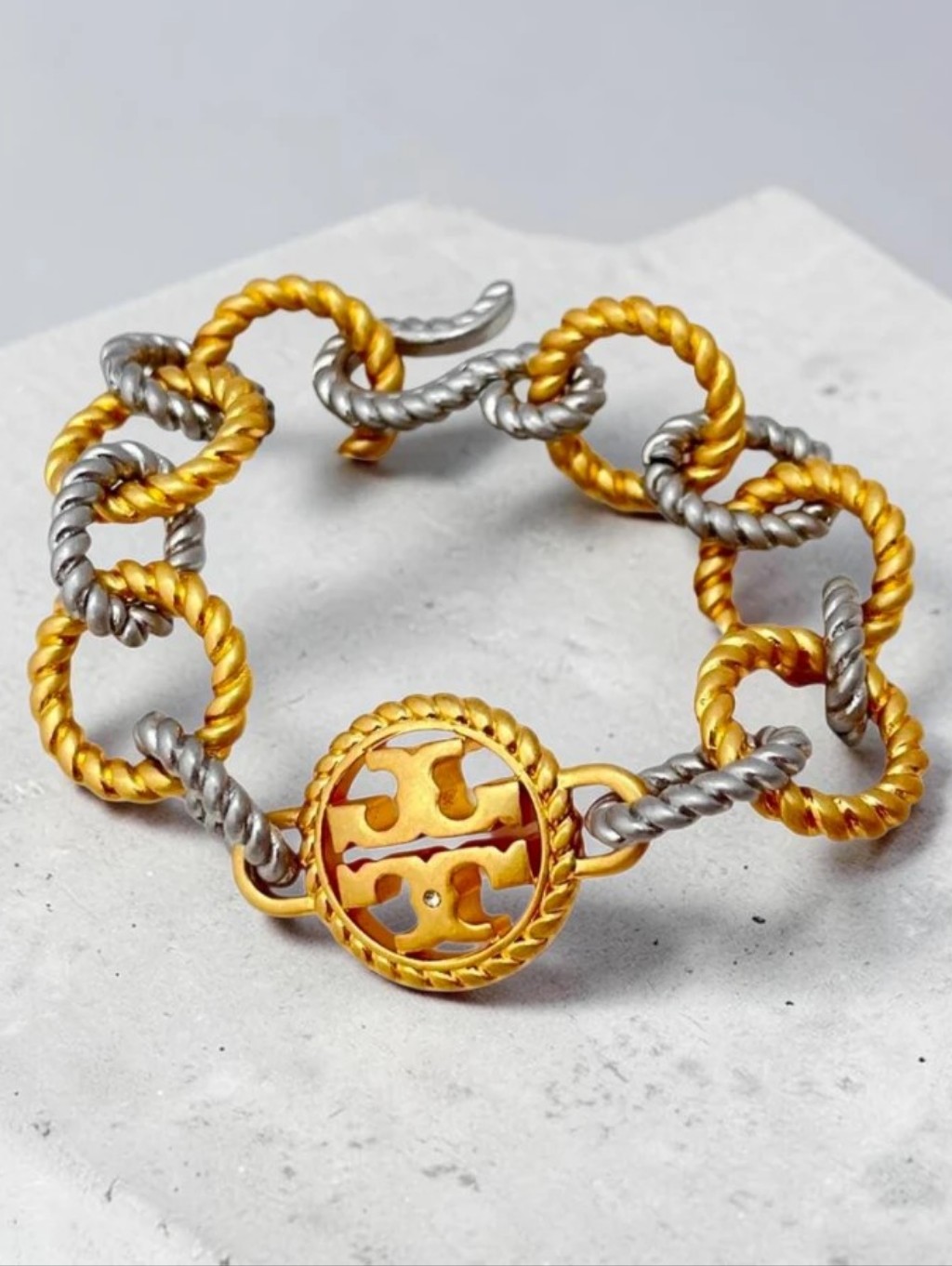 Tory Burch Two-Tone Twisted Rope Logo Bracelet In Gold And Silver